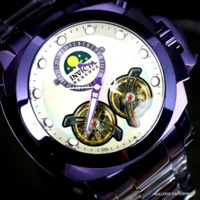 Pre-owned Invicta Man Of War Double Open Heart Automatic Moon Phase Mop Purple Watch