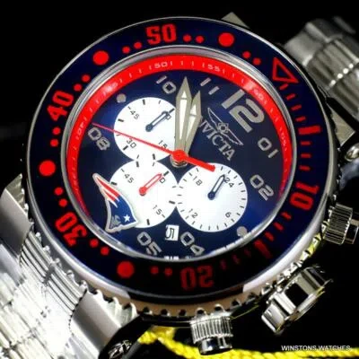 Pre-owned Invicta Nfl Grand Pro Diver England Blue Red Steel Chrono 52mm Watch