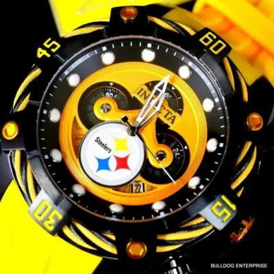 Pre-owned Invicta Nfl Pittsburgh Steelers Bolt Yellow Chronograph Silicone Watch 52mm