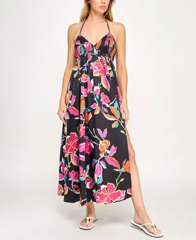 Invitee Juniors' Printed Smocked-bodice Slit-front Dress In Multi