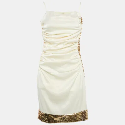 Pre-owned Invito Haute Couture Cream Satin Rushed Sequin Detail Mini Dress S In White