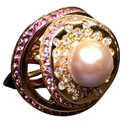 Pre-owned Io Si By Stefan Hafner 18k Rose Gold Diamond Pink Sapphire Pearl Cocktail Ring In Red