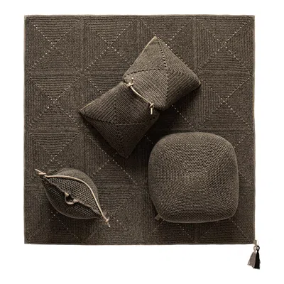 Pre-owned Iota 21st Century Brown Black Outdoor Indoor Rug, Two Cushions And Pouf Set