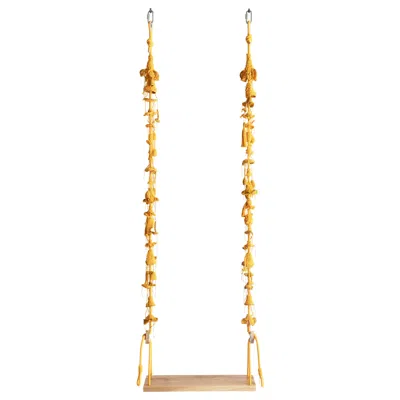 Pre-owned Iota Gold Textile Swing Handmade Crochet In Cotton And Polyester With Oak Wood Seat