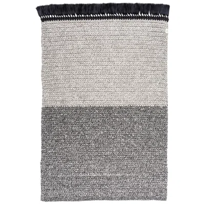 Pre-owned Iota Handmade Crochet Two-tone Rug 120x200 Cm In Black With Black Tassles