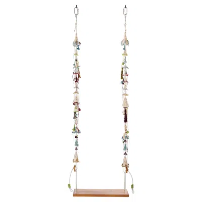 Pre-owned Iota Pink Turquois Textile Swing Handmade Crochet In Cotton & Polyester Oak Wood Seat