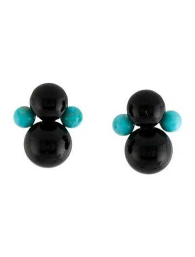 Pre-owned Ippolita 18k Onyx & Turquoise Nova Four-bead Snowman Earclip Earrings In Multi