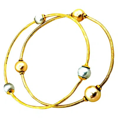 Pre-owned Ippolita Retro  Yellow Gold South Sea Pearl Bangle Bracelet Made In Italy