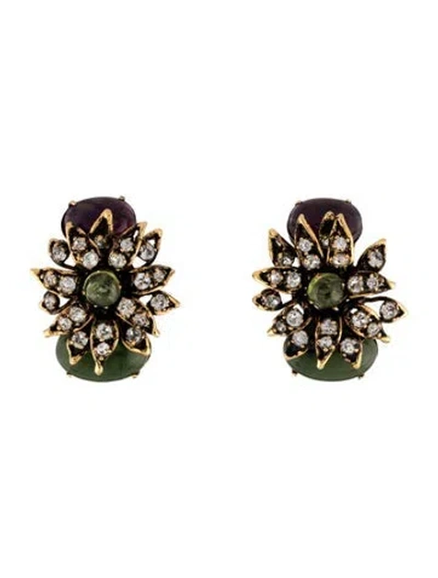 Pre-owned Iradj Moini Crystal & Two Stone Flower Clip On Earrings In Multi