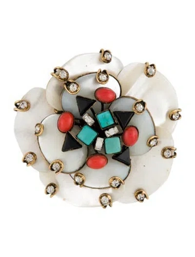 Pre-owned Iradj Moini Mother Of Pearl, Resin, & Crystal Brooch Pin In Multi