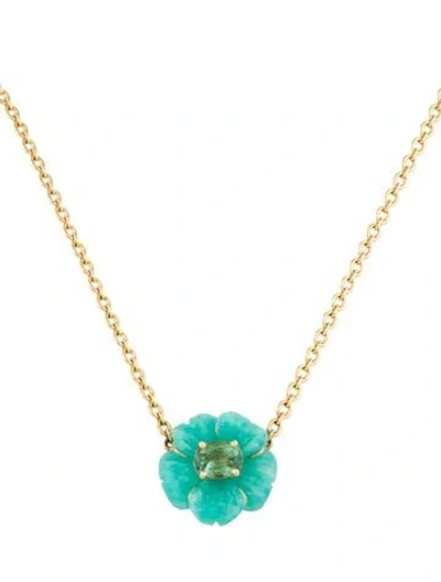 Pre-owned Irene Neuwirth 18k Amazonite & Tourmaline One Of A Kind Tropical Flower Necklace, 16" In Multicolor