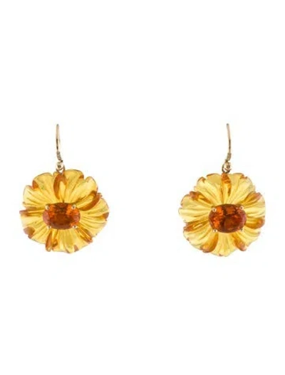 Pre-owned Irene Neuwirth 18k Amber, Fire Opal & Diamond Tropical Flower Drop Earrings In Orange