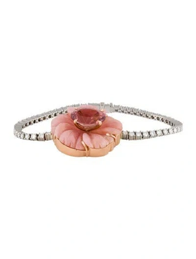 Pre-owned Irene Neuwirth 18k Opal, Tourmaline & Diamond Flower Station Bracelet, 6" In Multi