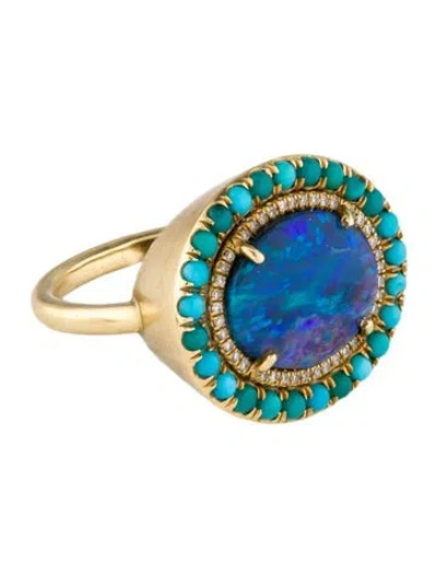 Pre-owned Irene Neuwirth 18k Opal, Turquoise & Diamond Classic Studded Oval Ring In Multi