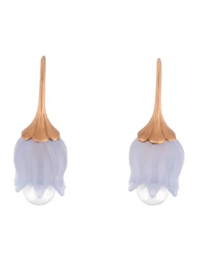 Pre-owned Irene Neuwirth 18k Pearl & Chalcedony Lily Of The Valley Drop Earrings In Multicolor