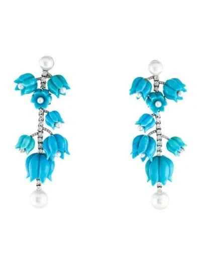 Pre-owned Irene Neuwirth 18k Pearl, Turquoise & Diamond Lily Of The Valley Garland Drop Earrings In Multi