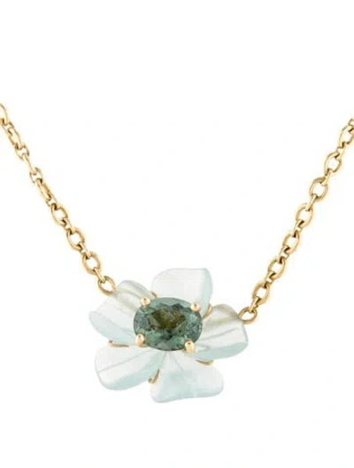 Pre-owned Irene Neuwirth 18k Tourmaline & Aquamarine Tropical Flower Pendant Necklace, 14.5" In Multi