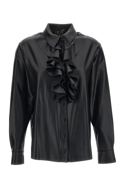 Irie Button-up Shirt With Vertical Ruffle Detail And Leather-like Texture In Black