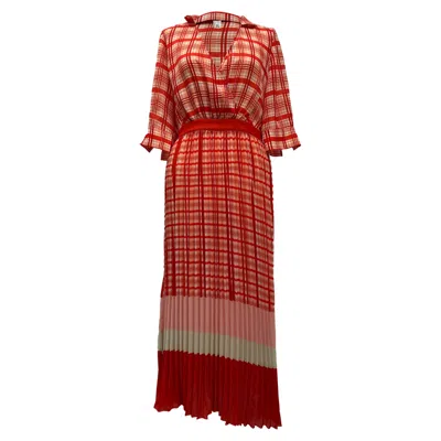Pre-owned Iris & Ink Aeonium Pleated Printed Crepe Midi Dress In Multicolor Polyester In Red