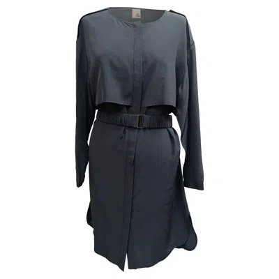 Iris & Ink Belted Long Sleeve Midi Dress In Black Silk In Gray