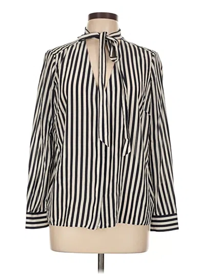 Pre-owned Iris & Ink Long Sleeve Silk Top Ivory Stripes Pattern Tie Neck Tops In White