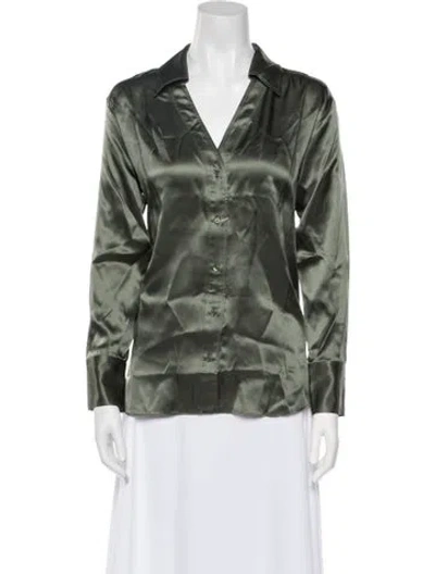 Pre-owned Iris & Ink Silk V-neck Button-up Top In Green