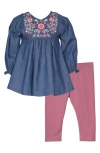 Iris & Ivy Floral Embroidered Denim Tunic & Leggings Set In Denim Multi