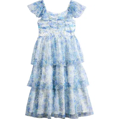 Iris & Ivy Kids'  Floral Tiered Mesh Maxi Dress In Blue