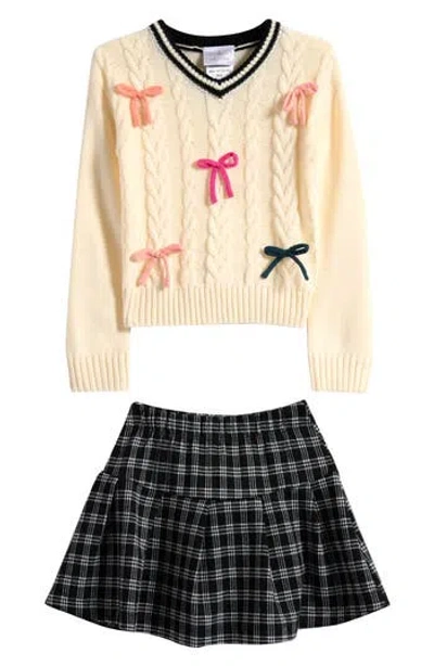 Iris & Ivy Kids' Bow Sweater & Skirt Set In Neutral