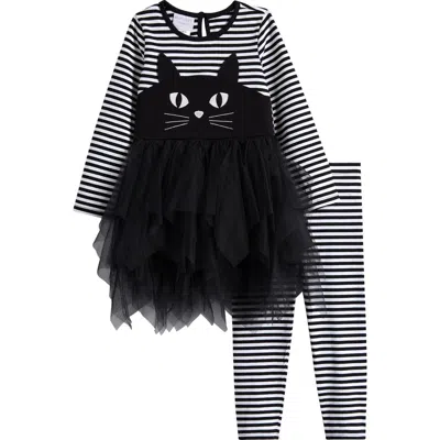 Iris & Ivy Kids' Cat Face Long Sleeve Tutu Dress & Leggings Set In Black