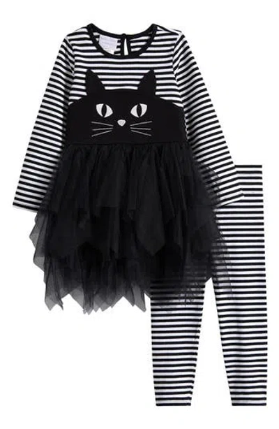 Iris & Ivy Kids' Cat Face Long Sleeve Tutu Dress & Leggings Set In Black