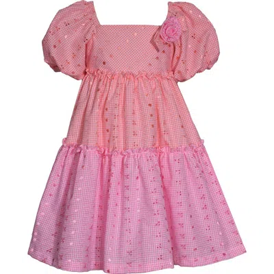 Iris & Ivy Kids' Embroidered Colorblock Cotton Blend Dress In Coral Pink