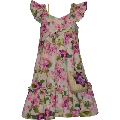 Iris & Ivy Kids' Floral Flutter Sleeve Party Dress & Crossbody Bag Set In Purple