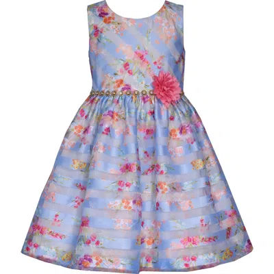 Iris & Ivy Kids' Floral Shadow Stripe Party Dress In Blue