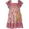 Iris & Ivy Kids' Flutter Sleeve Dress & Macramé Bag Set In Beige Multi