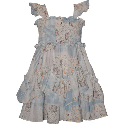 Iris & Ivy Kids' Flutter Sleeve Patchwork Print Smocked Bodice Party Dress In Gray