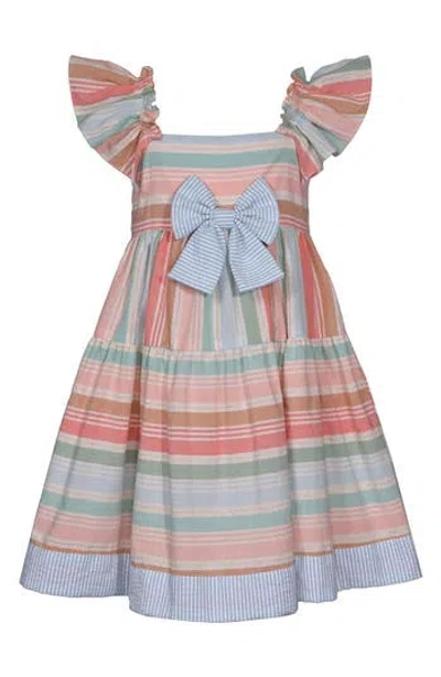 Iris & Ivy Kids' Flutter Sleeve Stripe Dress In Peach/blue Multi