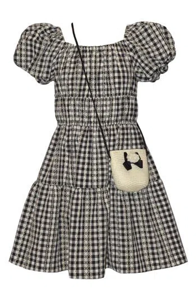 Iris & Ivy Kids' Gingham Puff Sleeve Dress & Purse Set In Gray