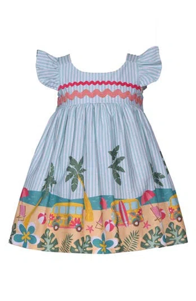 Iris & Ivy Kids' Ric Rac Beach Scene Border Print Dress In Blue