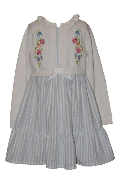 Iris & Ivy Kids' Seersucker Stripe Dress & Embroidered Cardigan Set In Gray