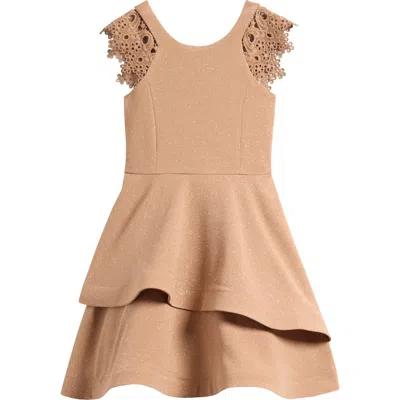 Iris & Ivy Kids' Sparkle Lace Sleeve Skater Dress In Brown