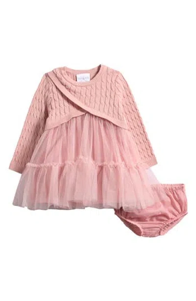 Iris & Ivy Babies'  Long Sleeve Cable Stitch Crossover Dress & Bloomers Set In Pink