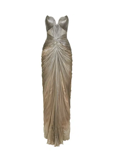 Iris Serban Beige Silk Metallic Tulle Cleopatra Column Long Dress In Gold