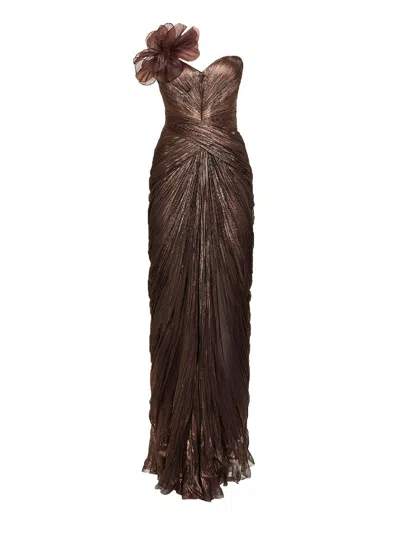 Iris Serban Brown Silk Metallic Tulle Suriel Long Column Dress