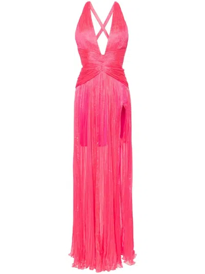 Iris Serban Claire V-neck Plissé Gown In Pink