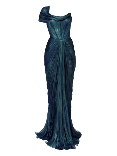 Iris Serban Draped One-shoulder Silk Dress In Blue