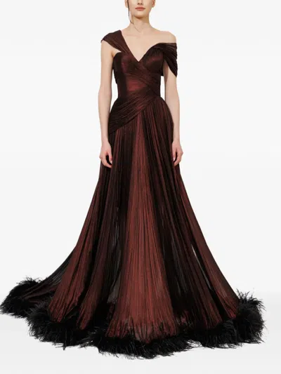 Iris Serban Feather-trimmed Pleated Maxi Dress In Brown