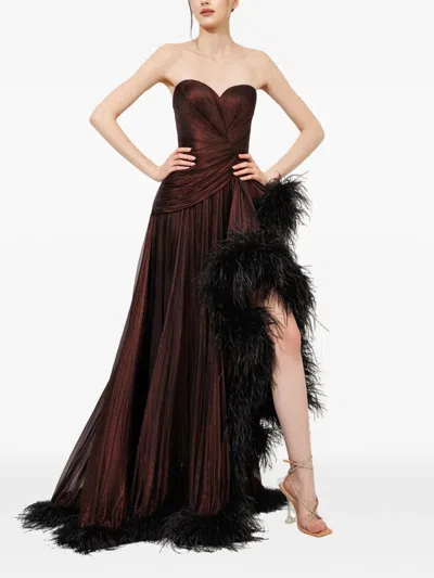 Iris Serban Lera Feather-trim Gown In Brown