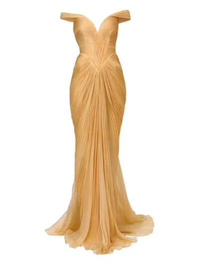 Iris Serban Off-shoulder Pleated Dress In Yellow