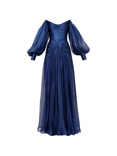 Iris Serban Petal Balloon-sleeve Off-shoulder Maxi Dress In Blue